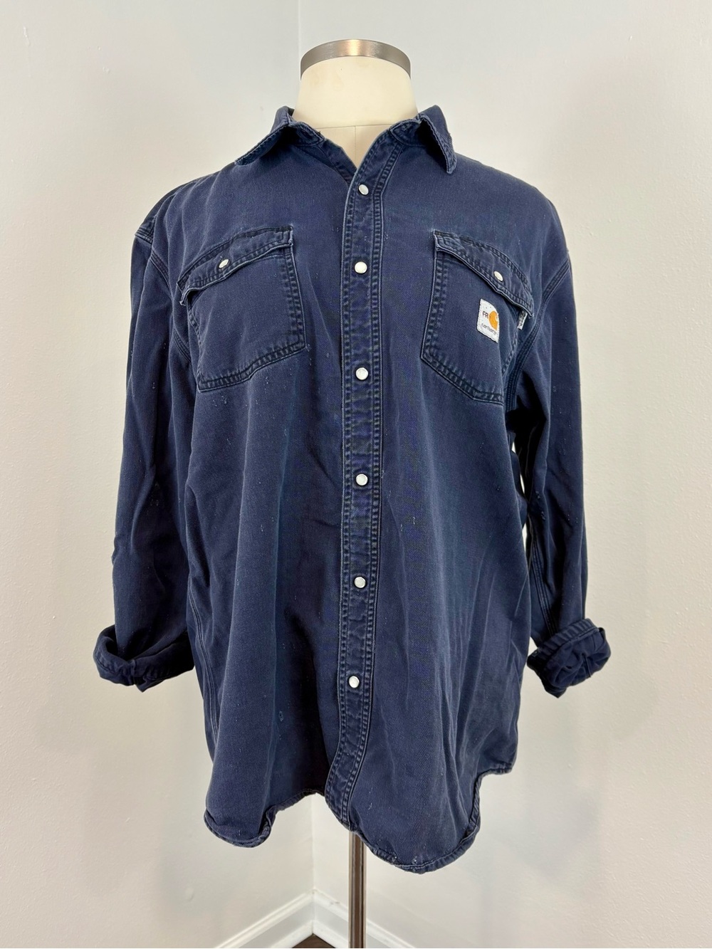 FR Carhartt Dark Navy Pearl Snap Distressed Work Shirt